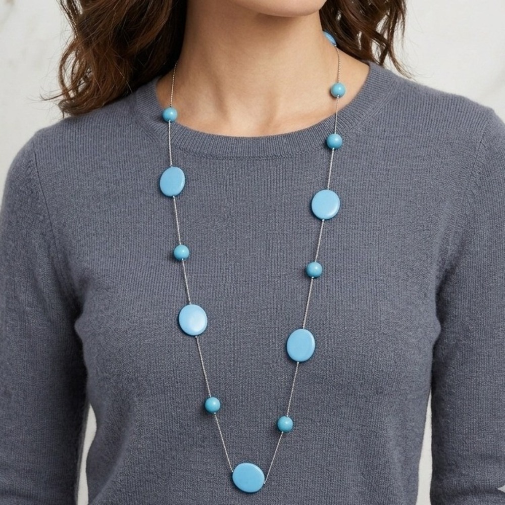 Minimalist Light Blue Oval Bead Floating Station Necklace Silver Tone Chain